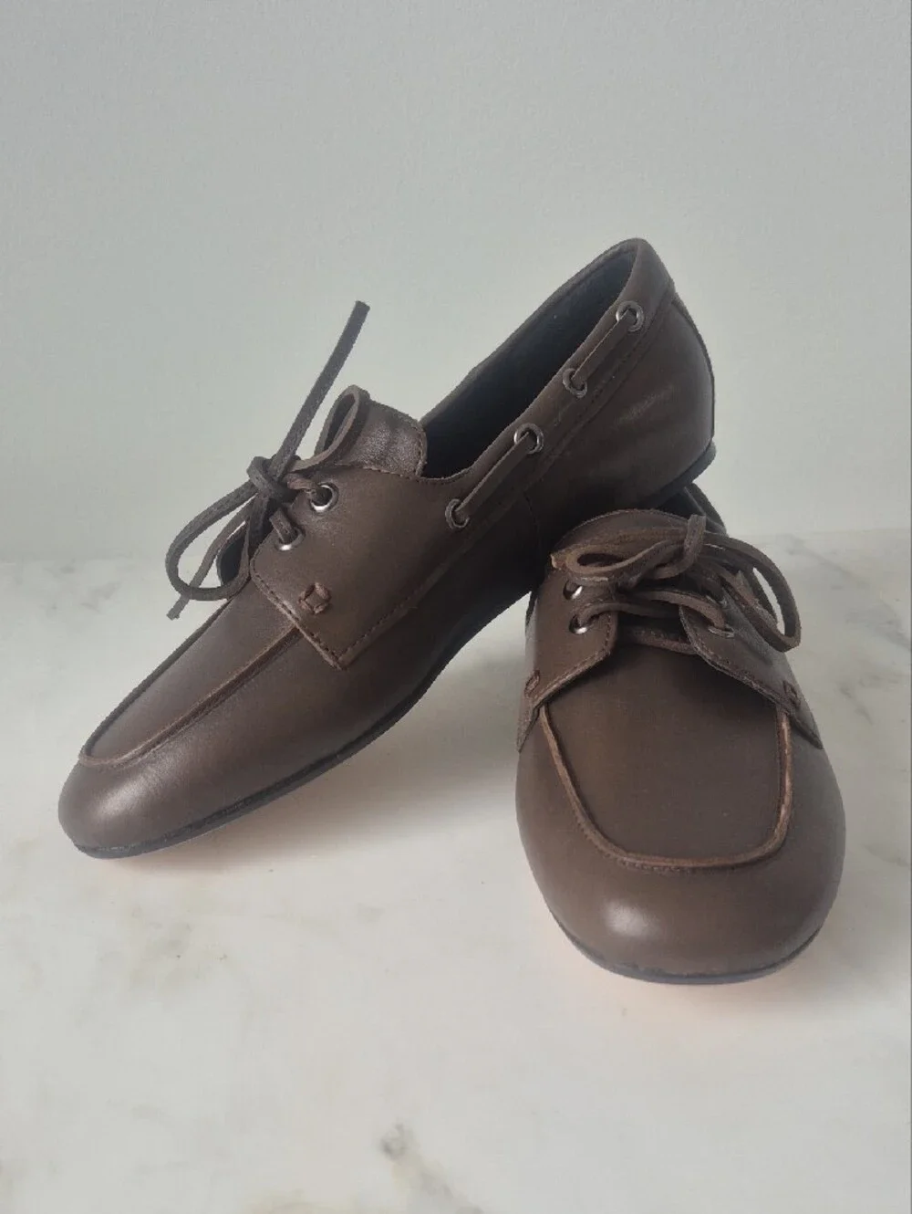 Vince Brown Leather Lace-Up Boat Loafers